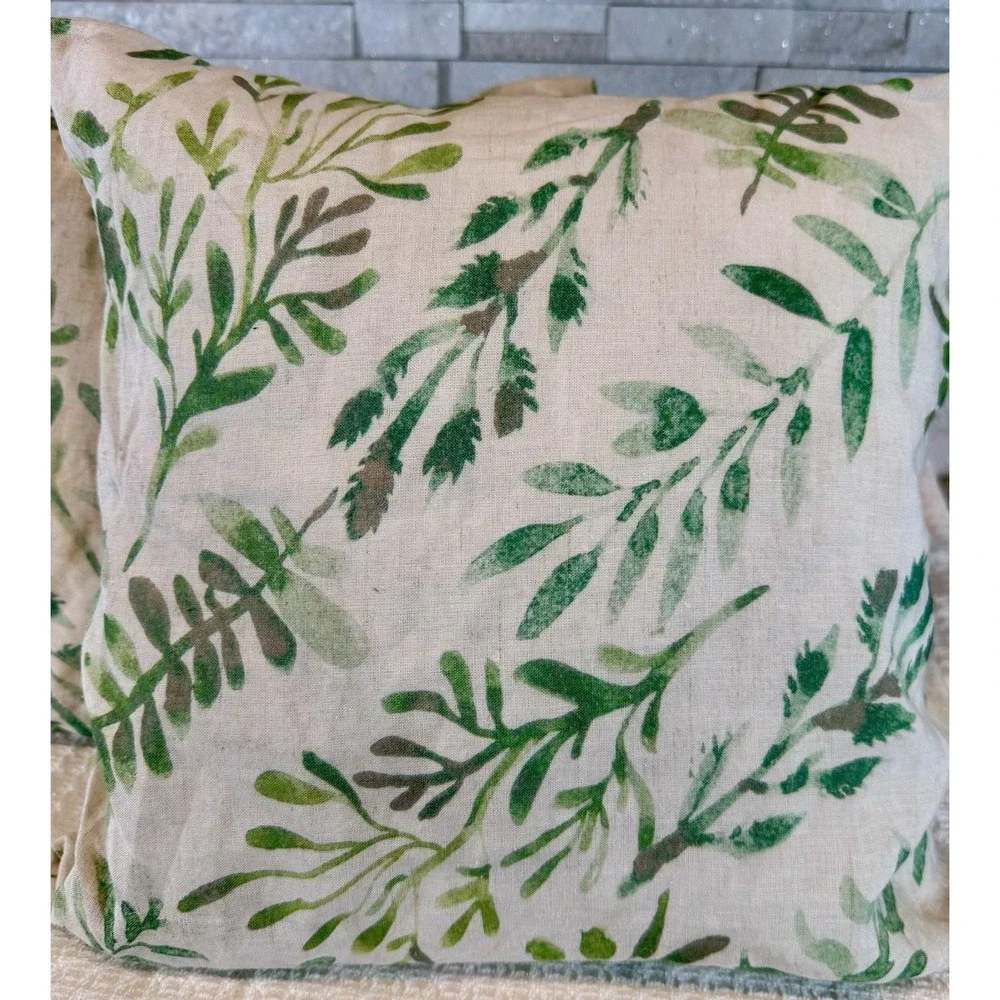 Charvet Editions 100% Linen Throw Pillows Pair 16x16 Botanical Made In France